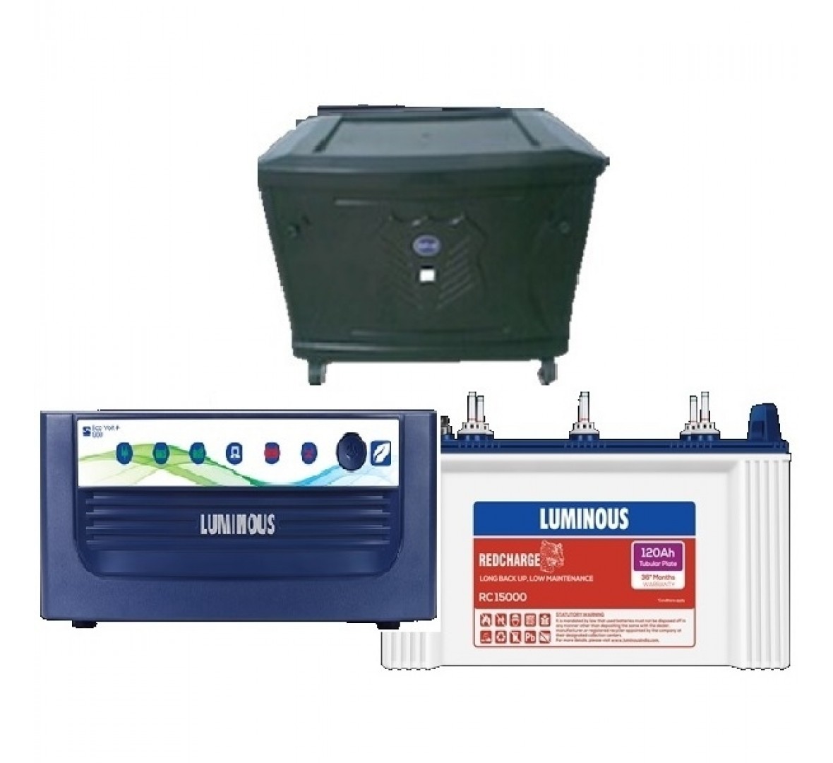 LUMINOUS ECO VOLT+ 1050 900VA (12V) + LUMINOUS RED CHARGE 15000, (120AH BATTERY) + PLASTIC TROLLEY