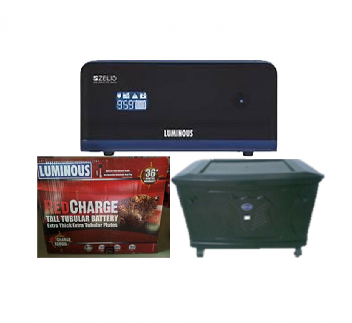 LUMINOUS ZELIO+ 1100SW UPS 900VA (12V) + LUMINOUS RED CHARGE 18000 (150AH BATTERY) + PLASTIC TROLLEY